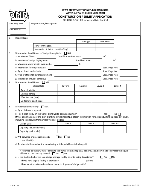 DNR Form 542-3138 Schedule 16C Filtration and Mechanical - Iowa