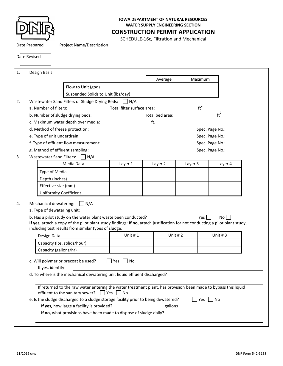 DNR Form 542-3138 Schedule 16C Filtration and Mechanical - Iowa, Page 1