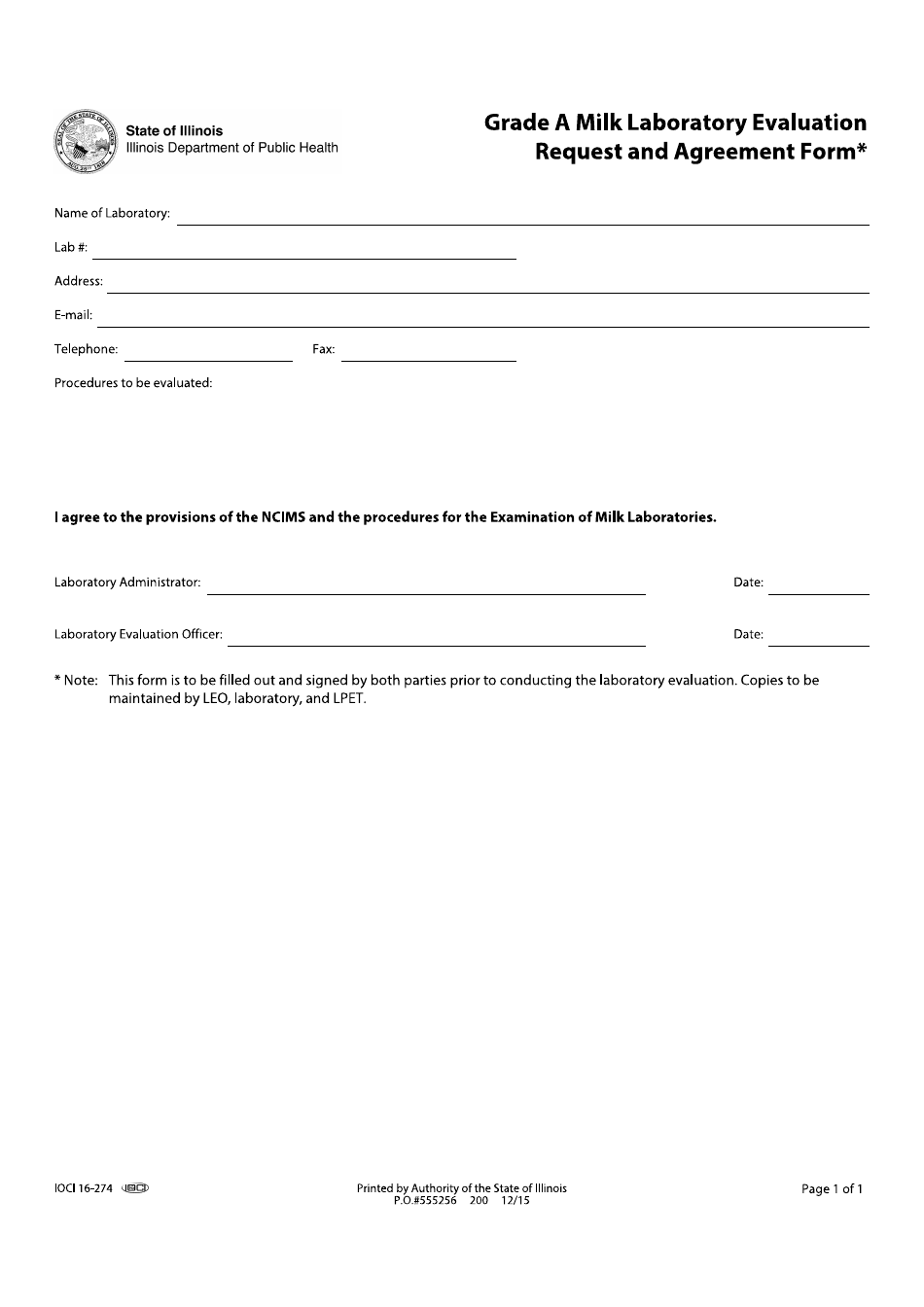 Form IOCI16-274 Grade a Milk Laboratory Evaluation Request and Agreement Form - Illinois, Page 1