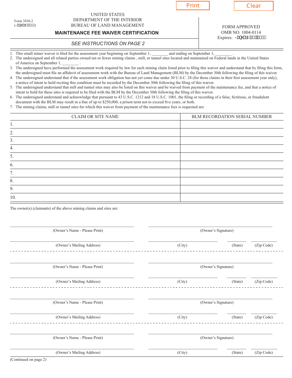 Form 3830-2 Maintenance Fee Waiver Certification, Page 1