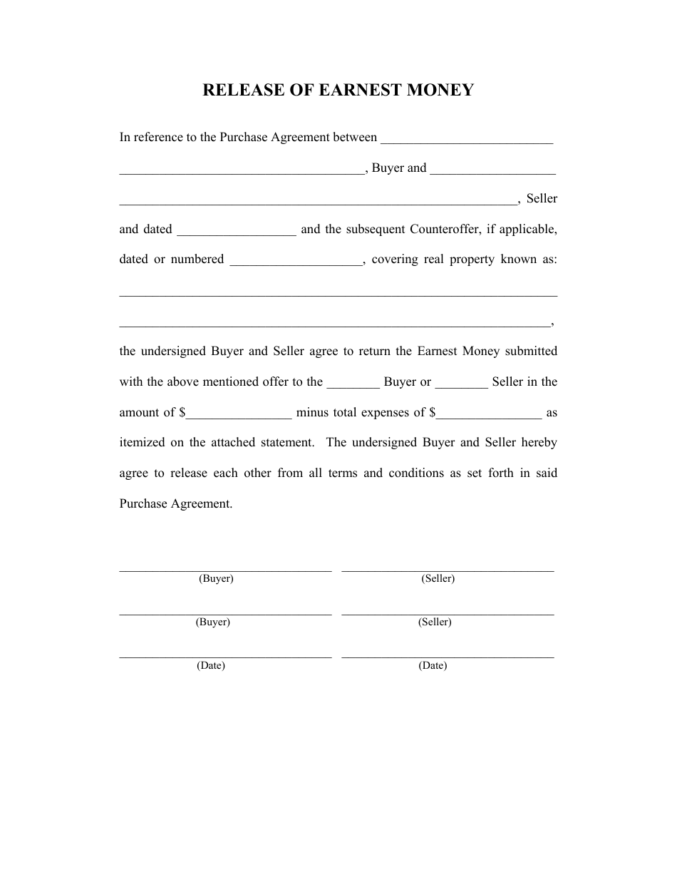 Earnest Money Release Template Download Printable PDF  Templateroller Within earnest money deposit agreement template