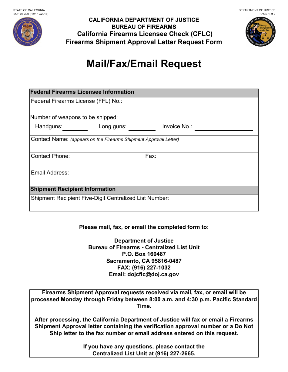 Form BOF08-300 California Firearms Licensee Check (Cflc) Firearms Shipment Approval Letter Request Form - California, Page 1