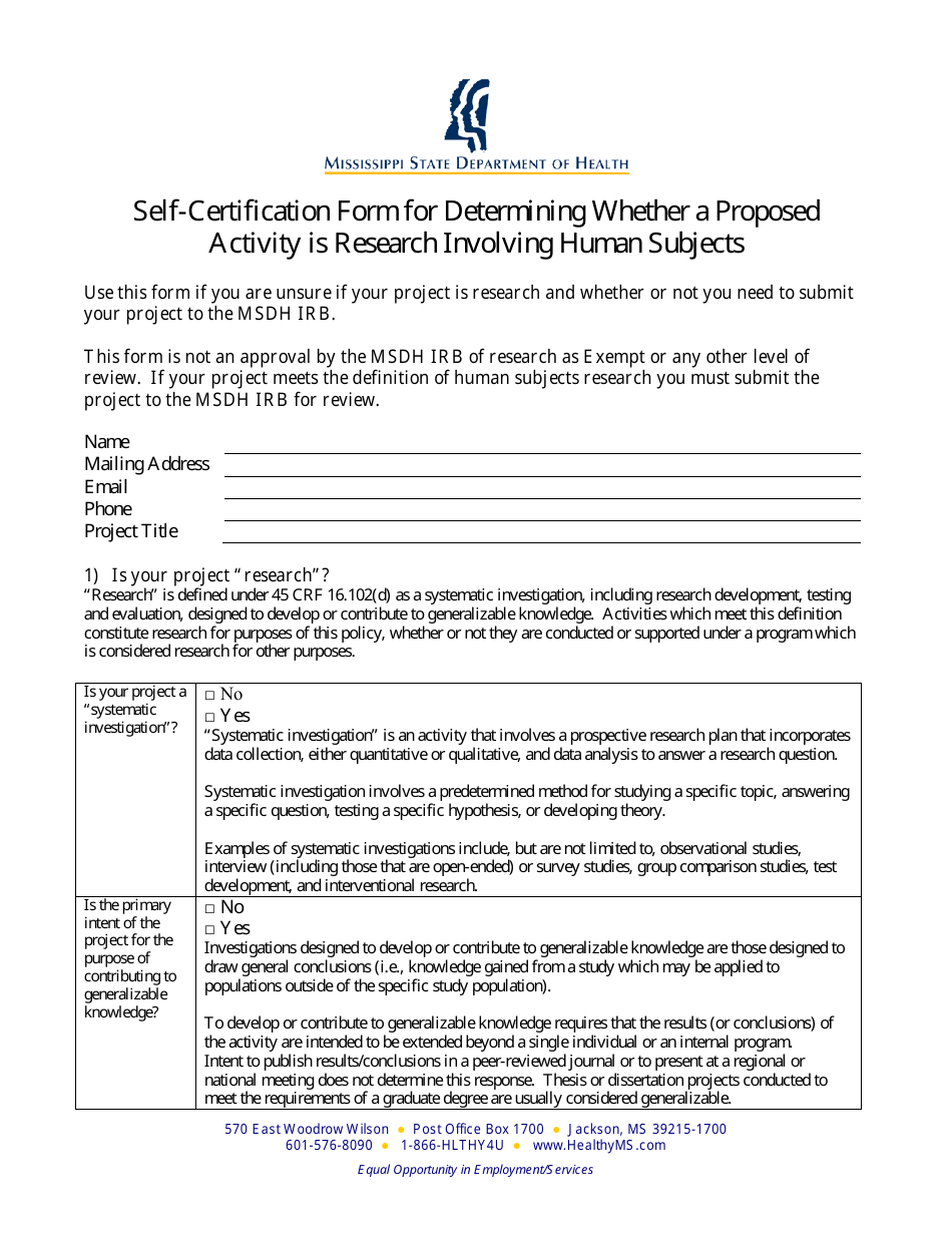 Self-certification Form for Determining Whether a Proposed Activity Is Research Involving Human Subjects - Mississippi, Page 1