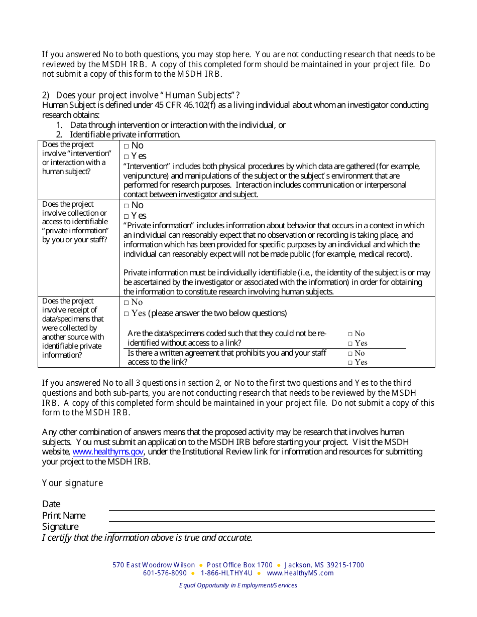 Self-certification Form for Determining Whether a Proposed Activity Is Research Involving Human Subjects - Mississippi, Page 2
