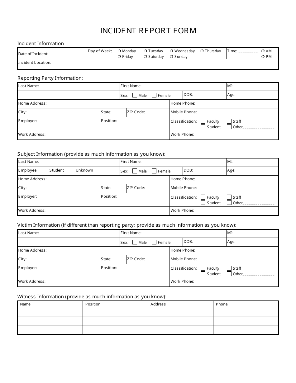 Incident Report Forms Printable