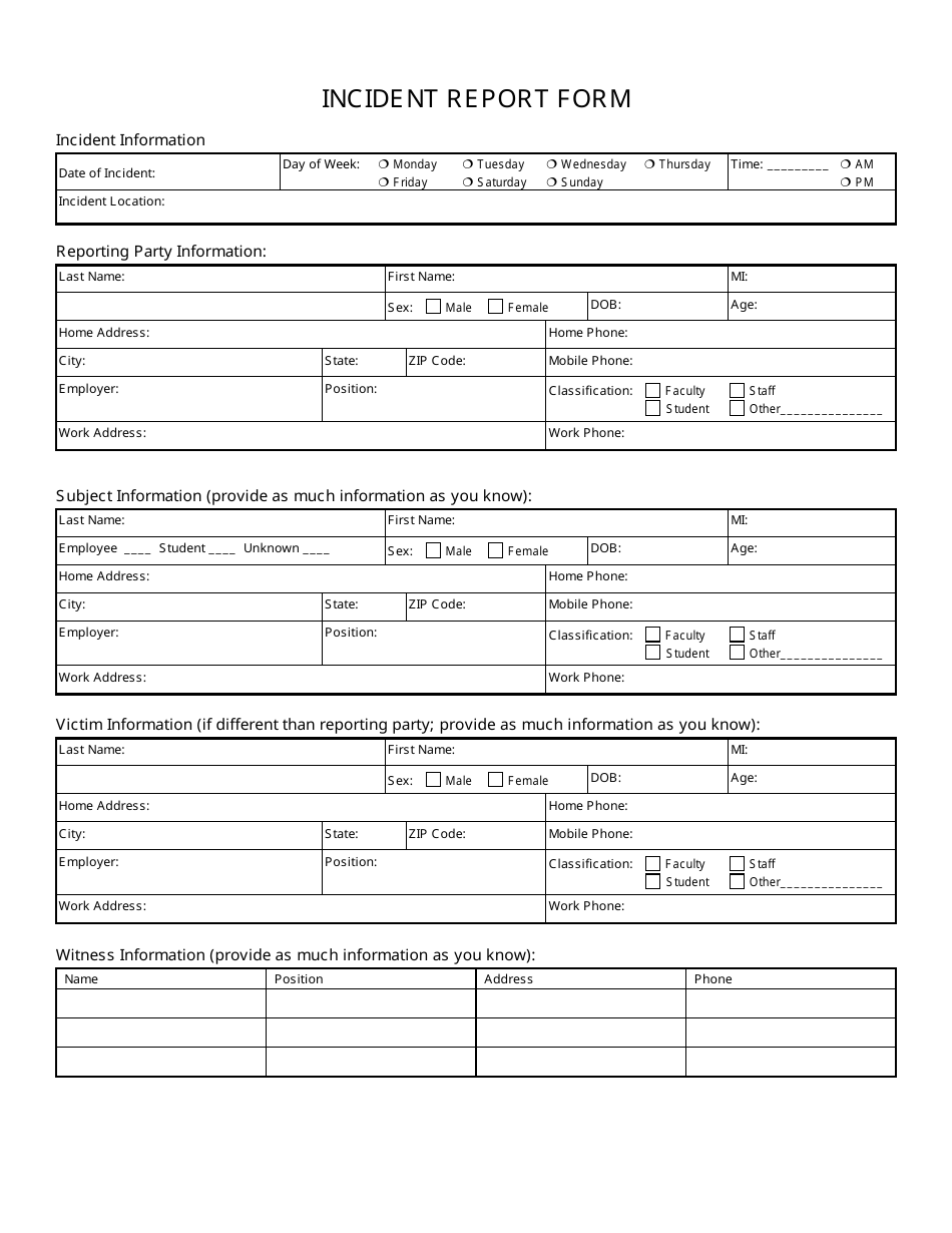 Incident Report Form - Tables, Page 1