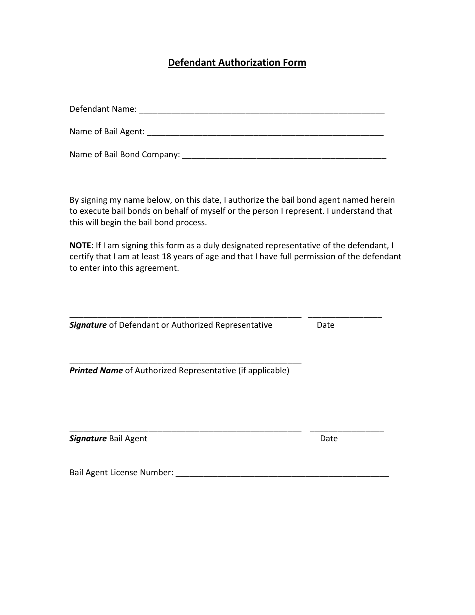 Defendant Bail Bond Authorization Form, Page 1