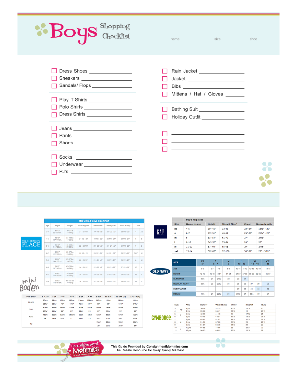 Shopping Checklist Template for Boys - Document image preview