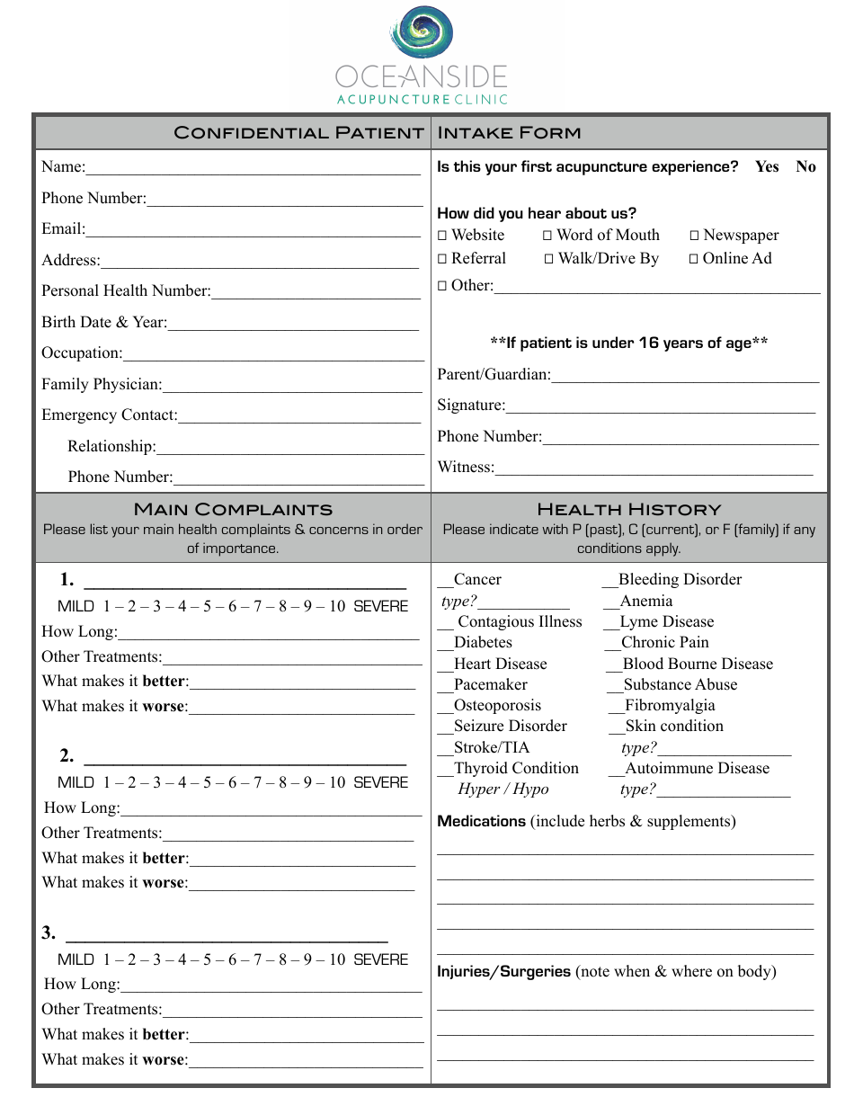 Patient Intake Form - Oceanside Acupuncture Clinic, Page 1
