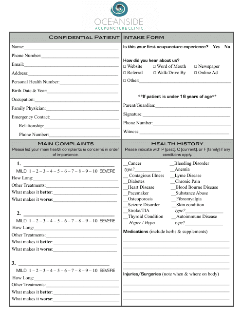 Patient Intake Form - Oceanside Acupuncture Clinic