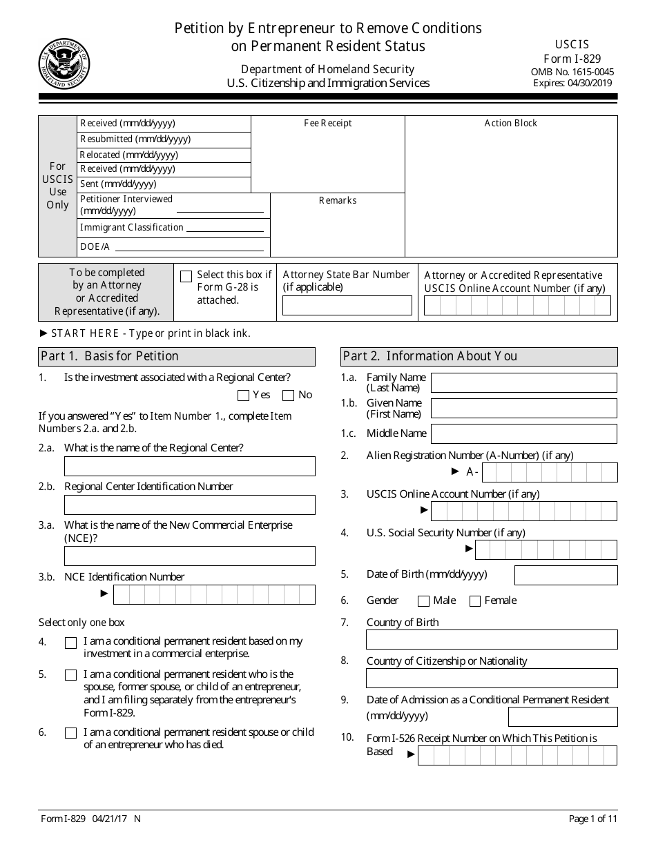 USCIS Form I-829 Petition by Entrepreneur to Remove Conditions on Permanent Resident Status, Page 1