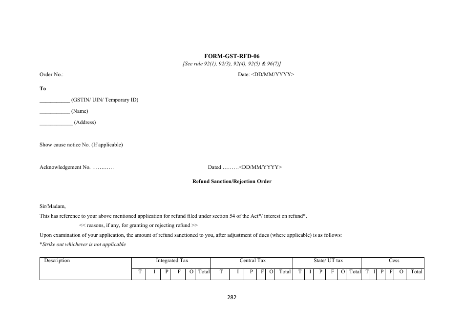 Form GST-RFD-06 Refund Sanction / Rejection Order - India, Page 1