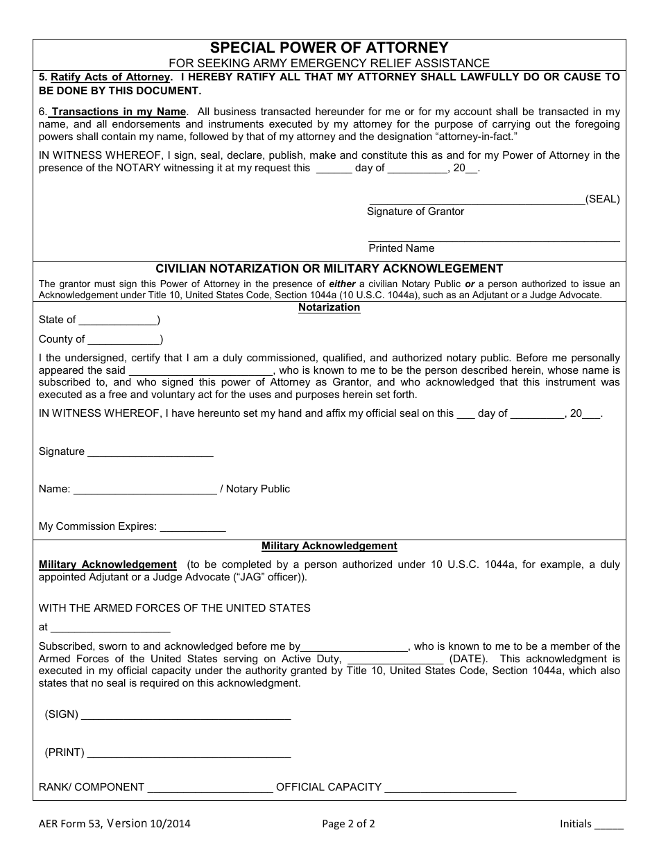 AER Form 53 Special Power of Attorney for Seeking Army Emergency Relief Assistance, Page 2