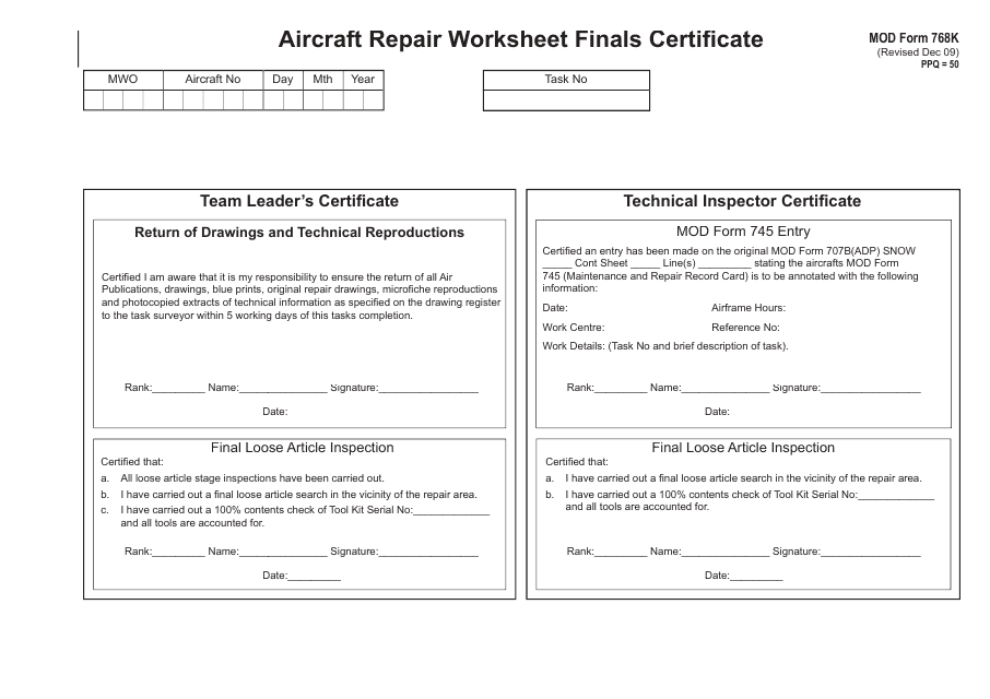 Form 768K Aircraft Repair Worksheet Finals Certificate - United Kingdom