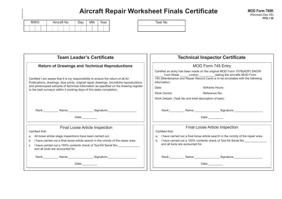 Form 768K Aircraft Repair Worksheet Finals Certificate - United Kingdom, Page 1