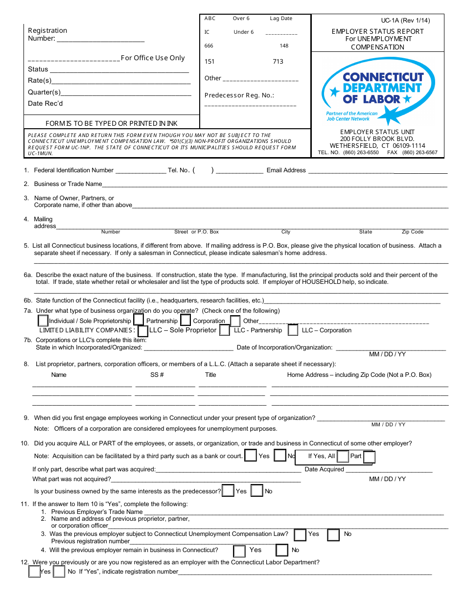 Form UC-1A Employer Status Report for Unemployment Compensation - Connecticut, Page 1