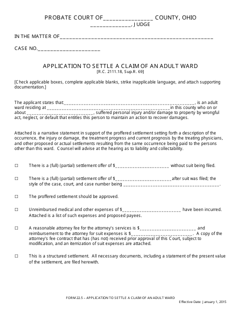 Form 22.5 Application to Settle a Claim of an Adult Ward - Ohio
