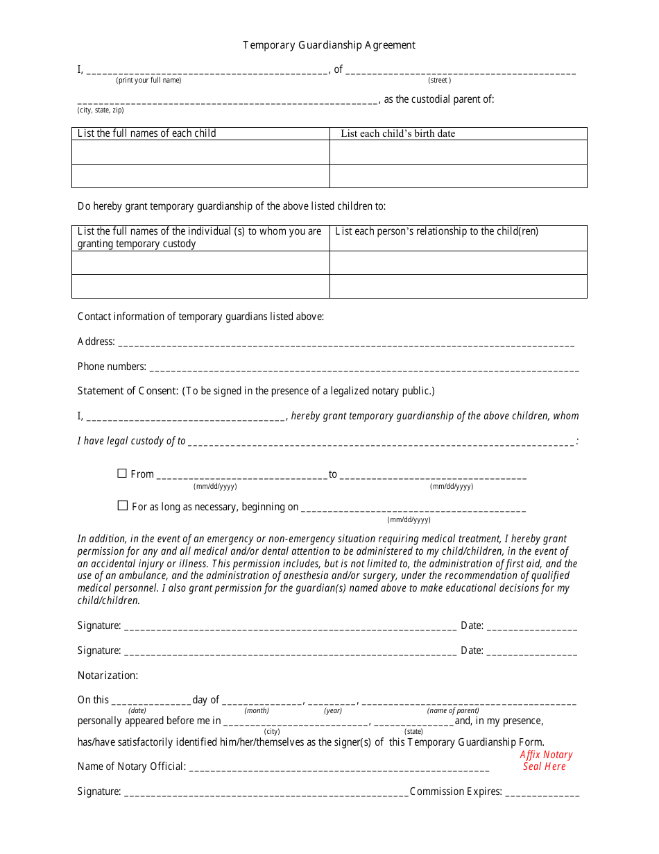 Temporary Guardianship Agreement Form, Page 1