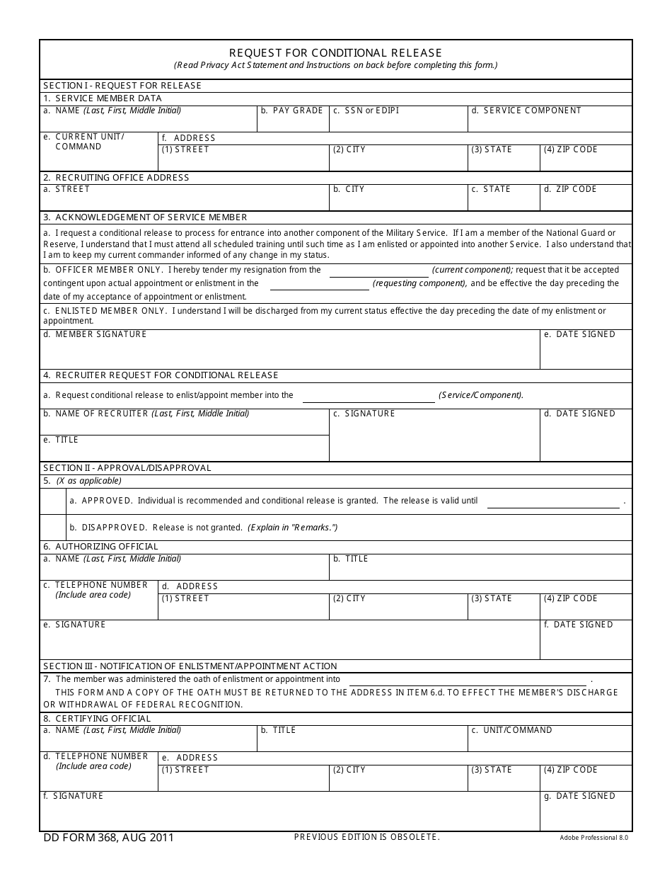 DD Form 368 Request for Conditional Release, Page 1