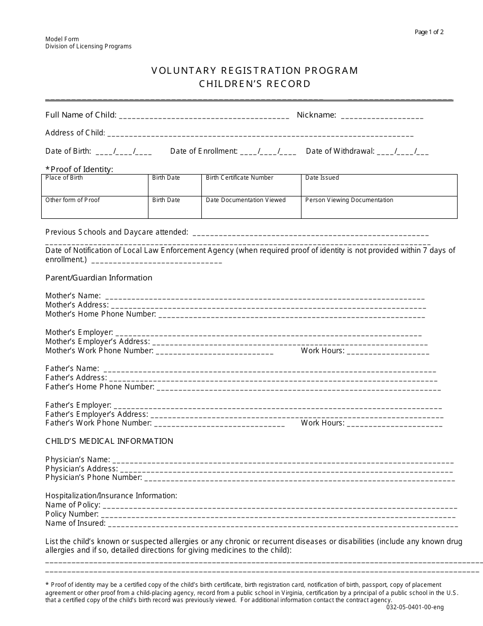 Form 032-05-0401-00-ENG Voluntary Registration Program Childrens Record - Virginia, Page 1