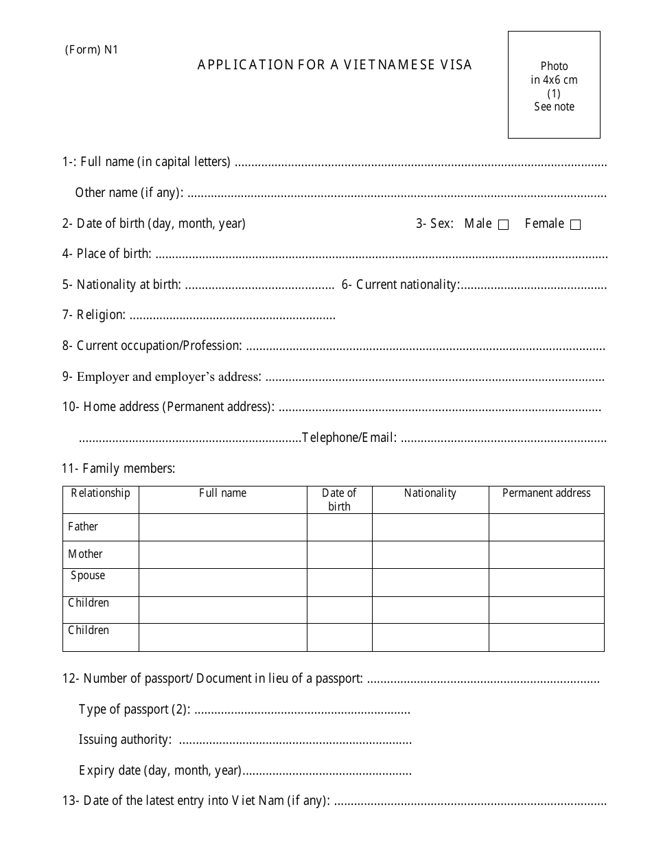 Form N1 Application for a Vietnamese Visa, Page 1