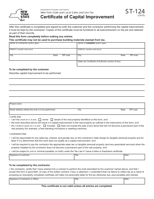 Form ST-124 Certificate of Capital Improvement - New York