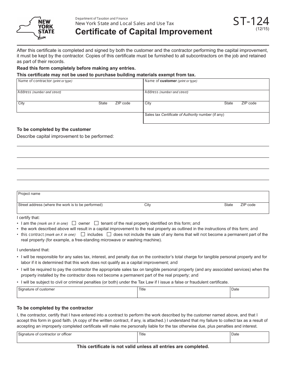 Form ST-124 Certificate of Capital Improvement - New York, Page 1