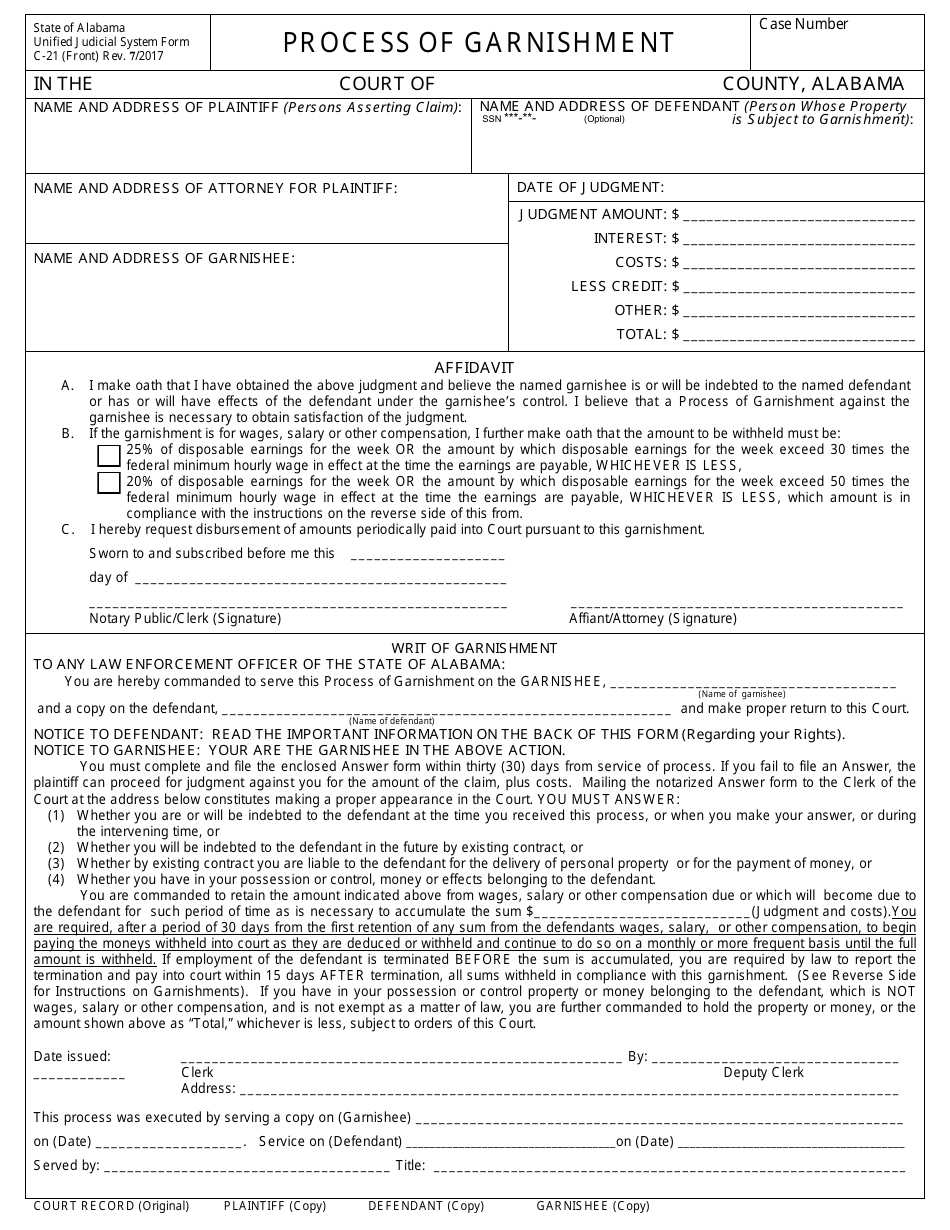 Form C-21 Process of Garnishment - Alabama, Page 1