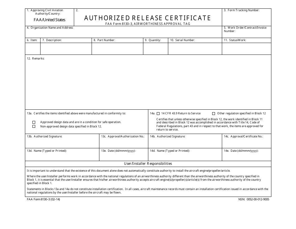 FAA Form 8130-3 Authorized Release Certificate, Page 1