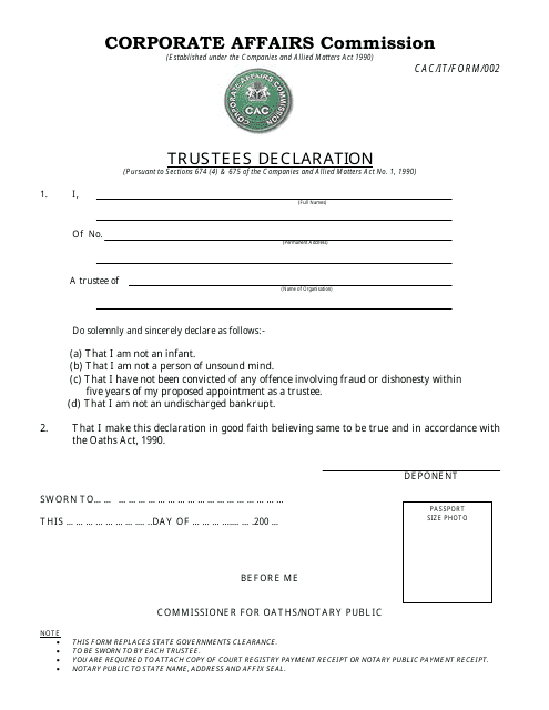 Form CAC/IT002 Trustees Declaration - Nigeria