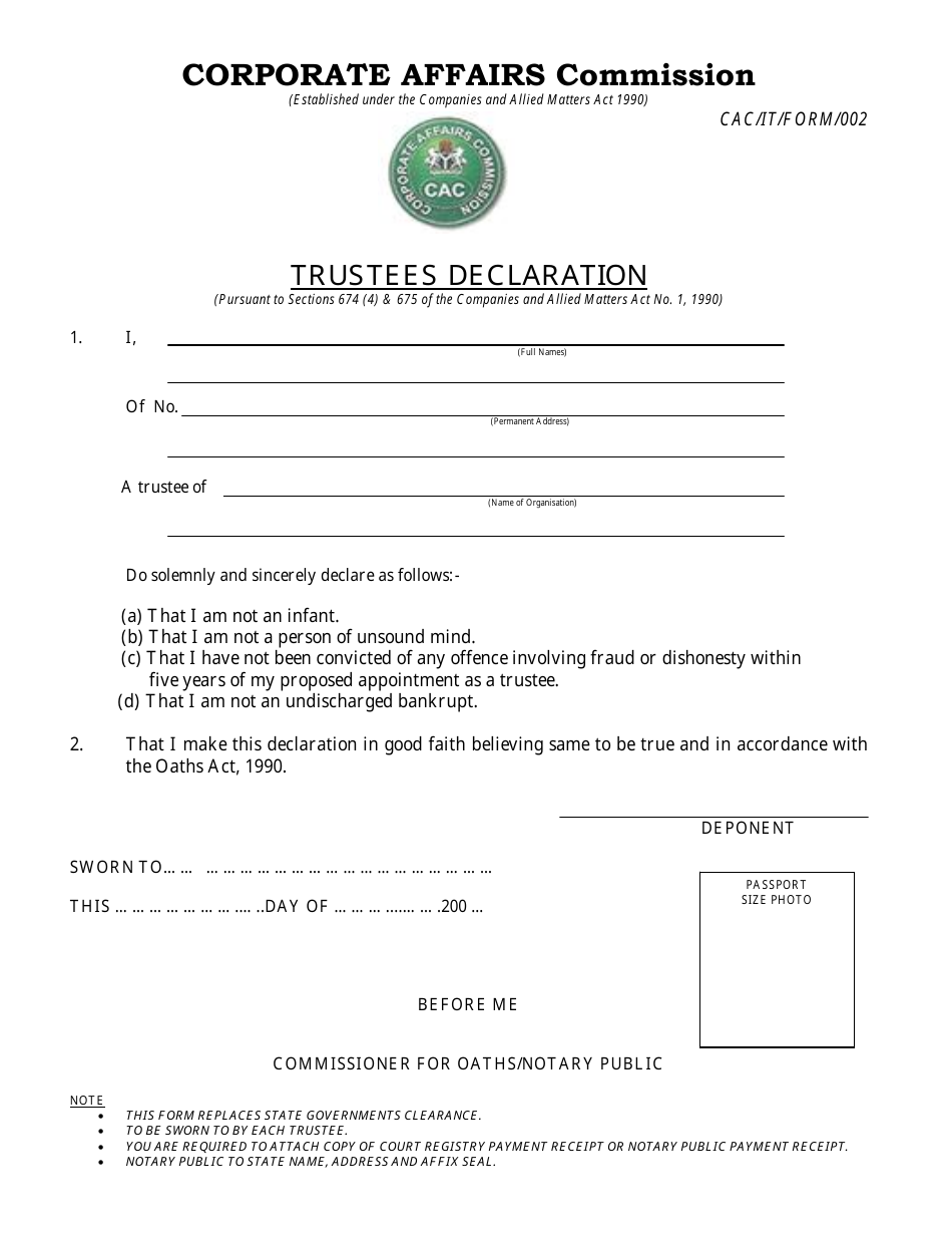 Form CAC/IT002 Trustees Declaration - Nigeria, Page 1