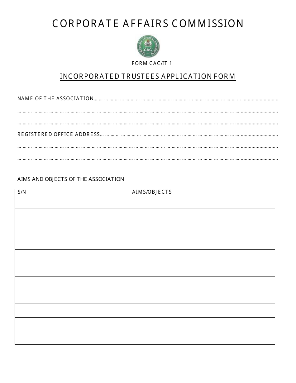 Form CAC / IT1 Incorporated Trustees Application Form - Nigeria, Page 1