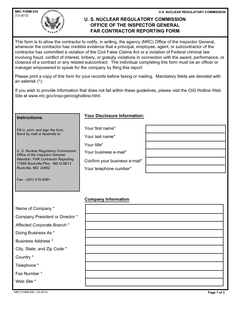 NRC Form 835  Printable Pdf