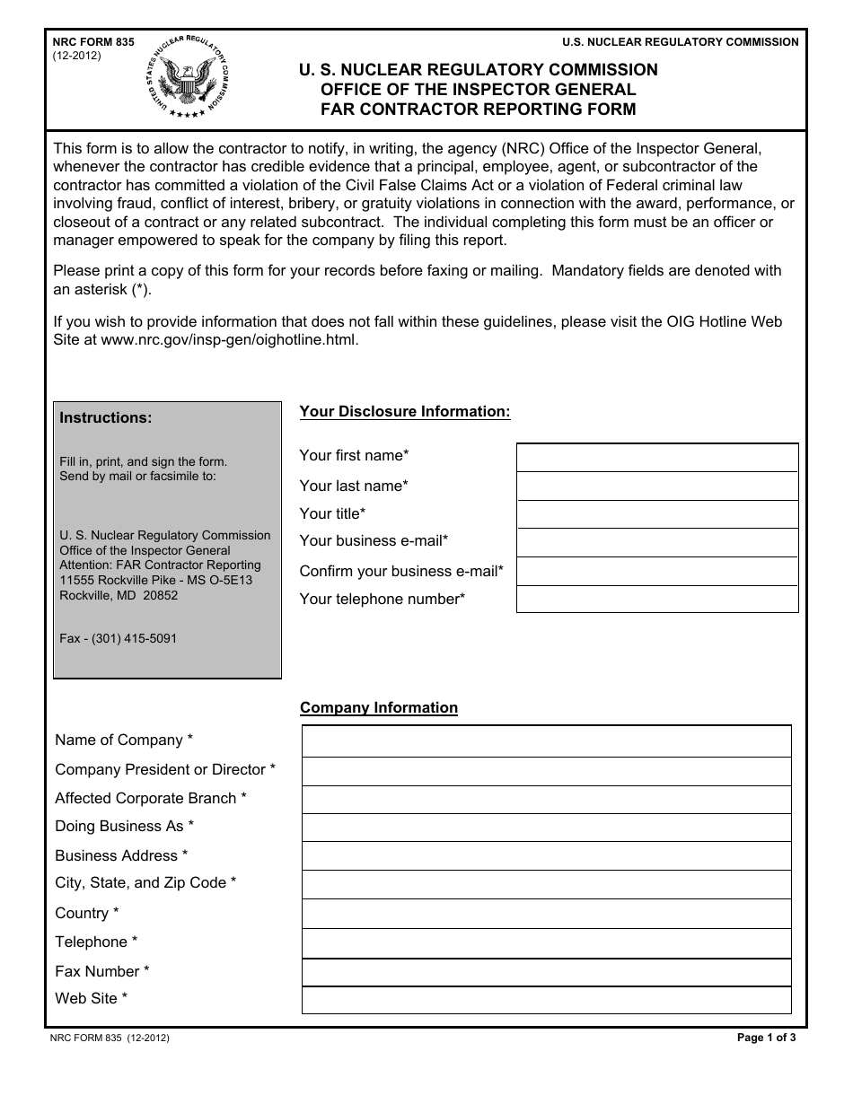 NRC Form 835 U. S. Nuclear Regulatory Commission Office of the Inspector General Far Contractor Reporting Form, Page 1