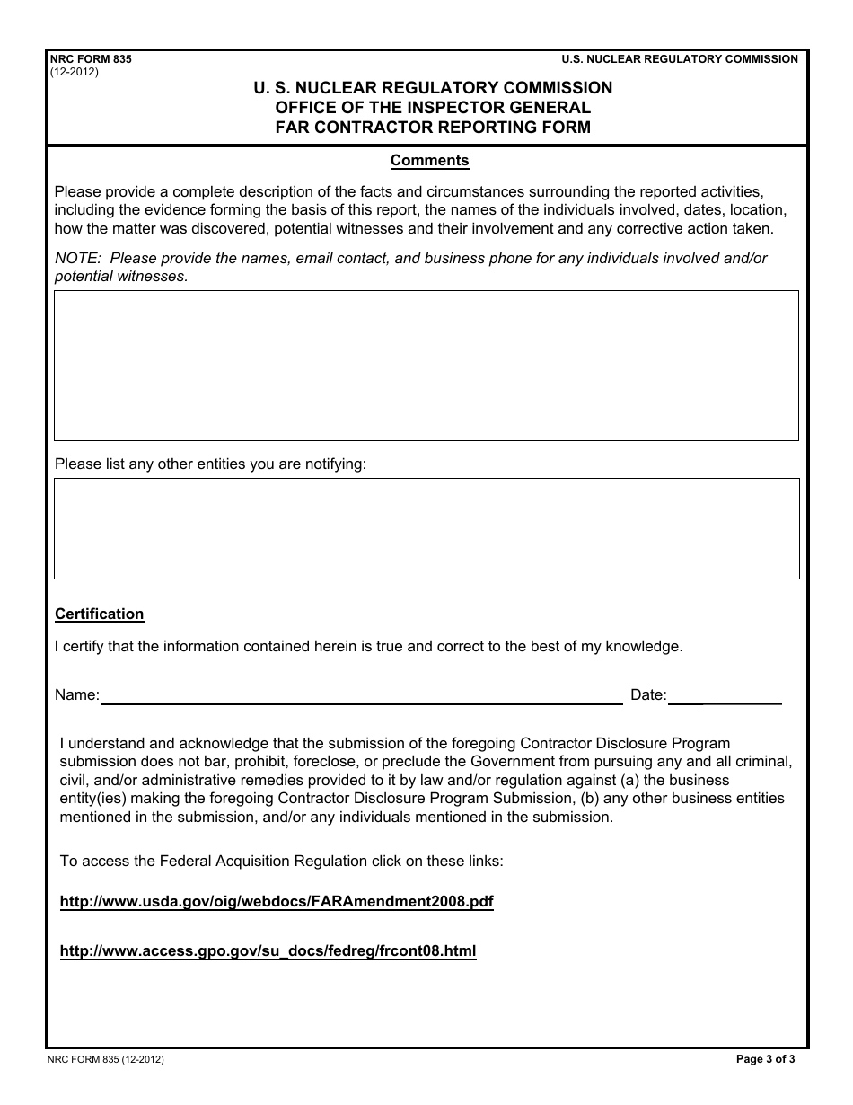 NRC Form 835 U. S. Nuclear Regulatory Commission Office of the Inspector General Far Contractor Reporting Form, Page 3