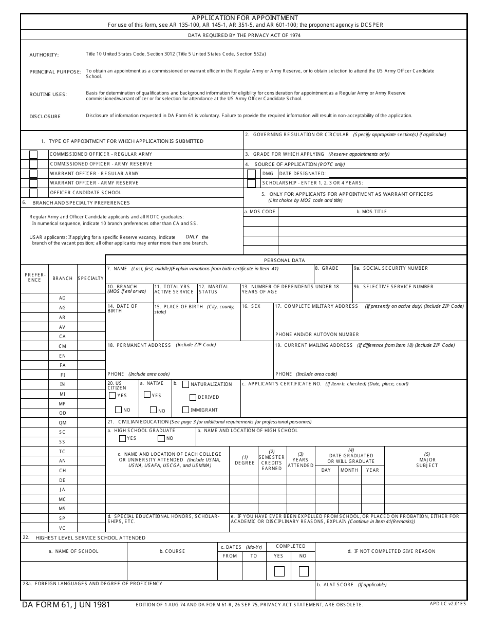 DA Form 61 - Fill Out, Sign Online and Download Fillable PDF ...