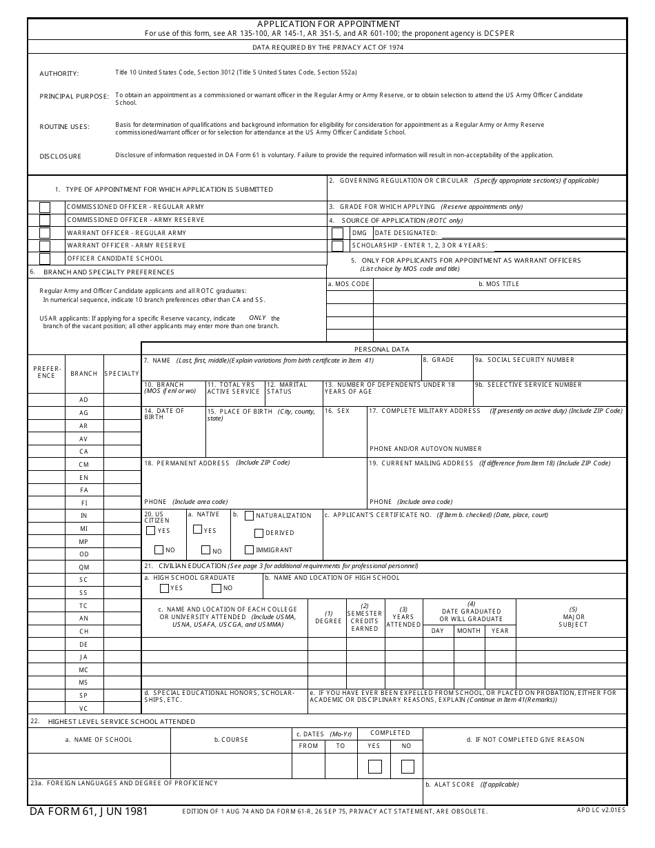 DA Form 61 Application for Appointment, Page 1