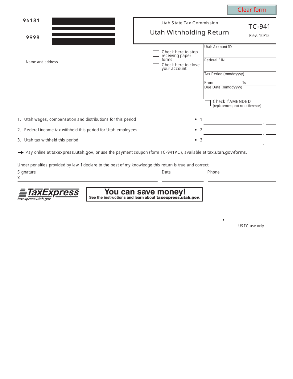 Form TC-941 Utah Withholding Return - Utah, Page 1