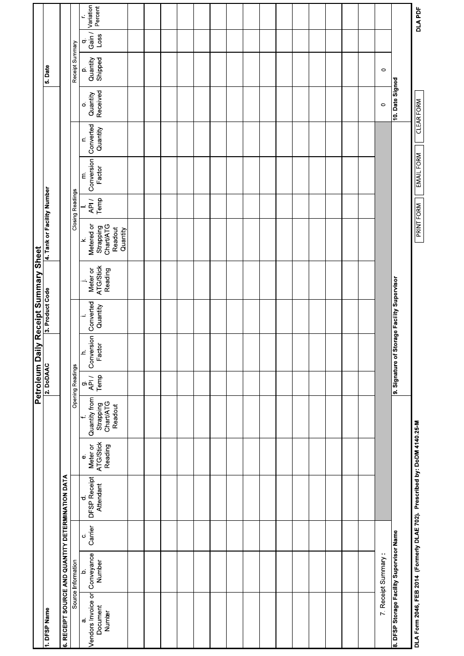 DLA Form 2046 Petroleum Daily Receipt Summary Sheet, Page 1