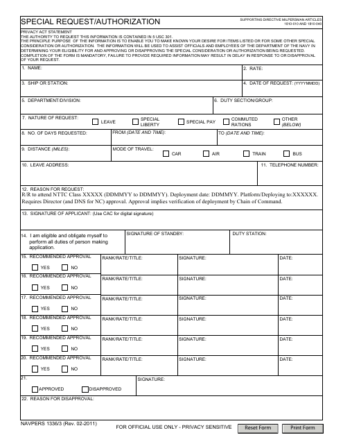 NAVPERS Form 1336/3 Special Request/Authorization Form