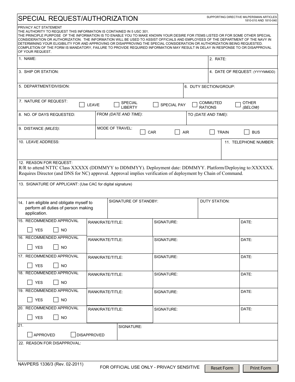 NAVPERS Form 1336 / 3 Special Request / Authorization Form, Page 1