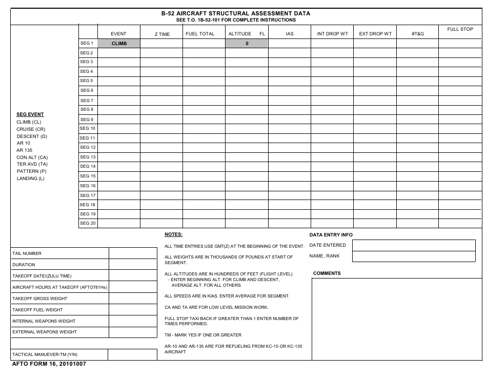 AFTO Form 16 B-52 Aircraft Sructural Assessment Data, Page 1