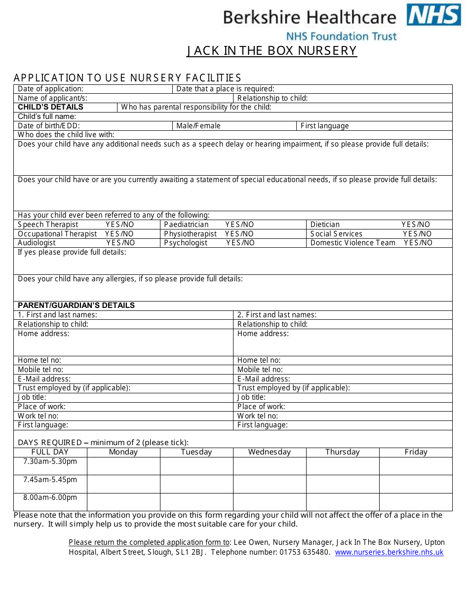 Berkshire United Kingdom Application to Use Nursery Facilities Fill Out, Sign Online and