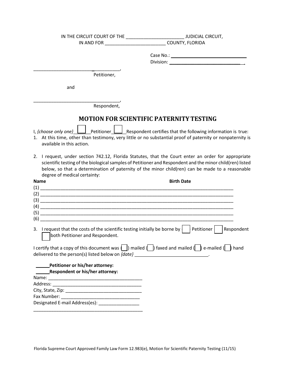 Form 12.983(E) Motion for Scientific Paternity Testing - Florida, Page 3