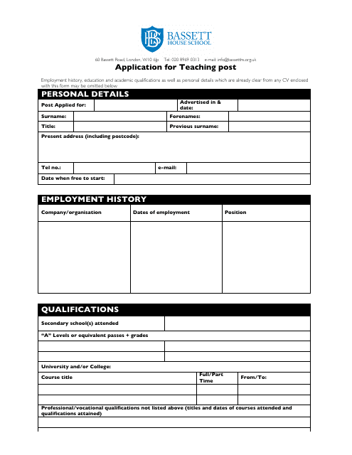 Application Form for Teaching Post - Bassett House School - United Kingdom Download Pdf