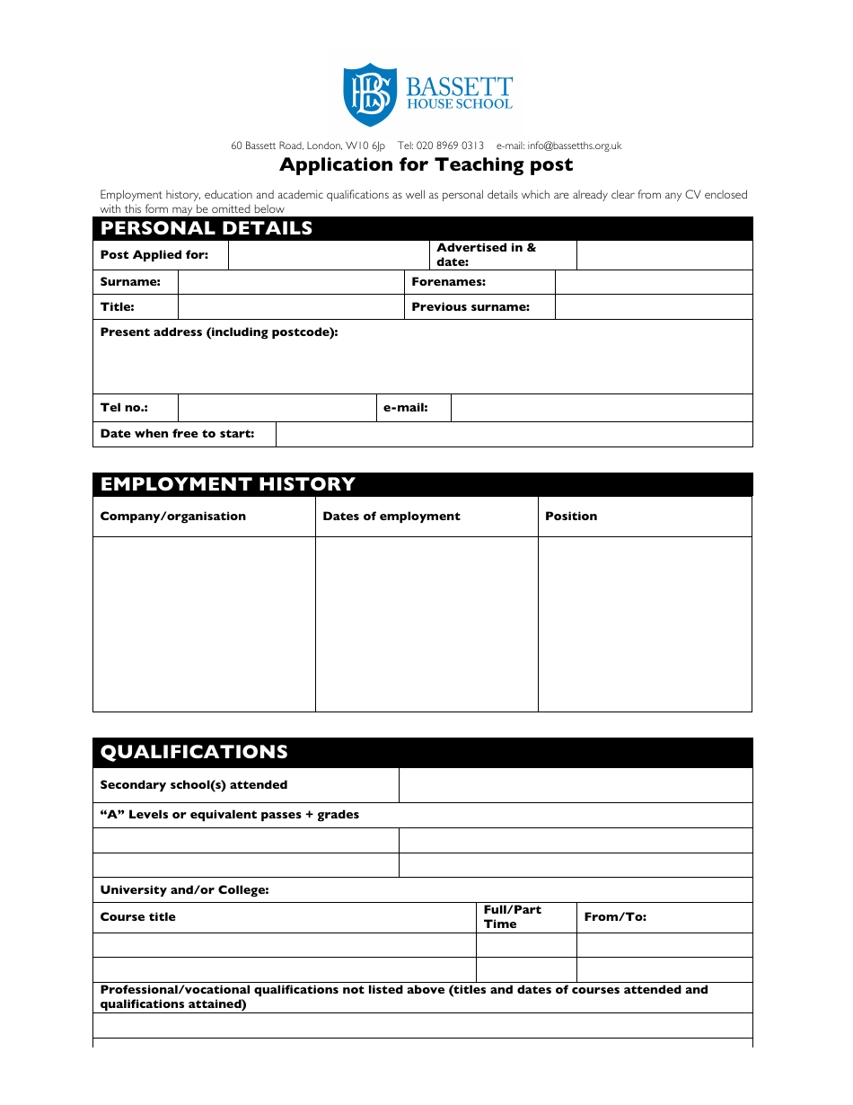 United Kingdom Application Form for Teaching Post - Bassett House ...