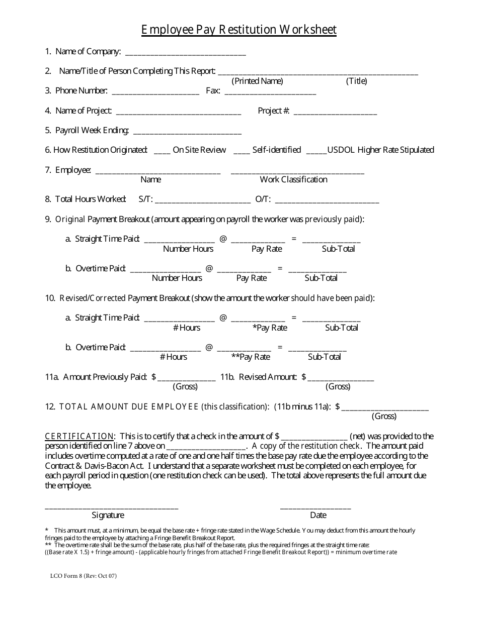LCO Form 8 Employee Pay Restitution Worksheet - Vermont, Page 1