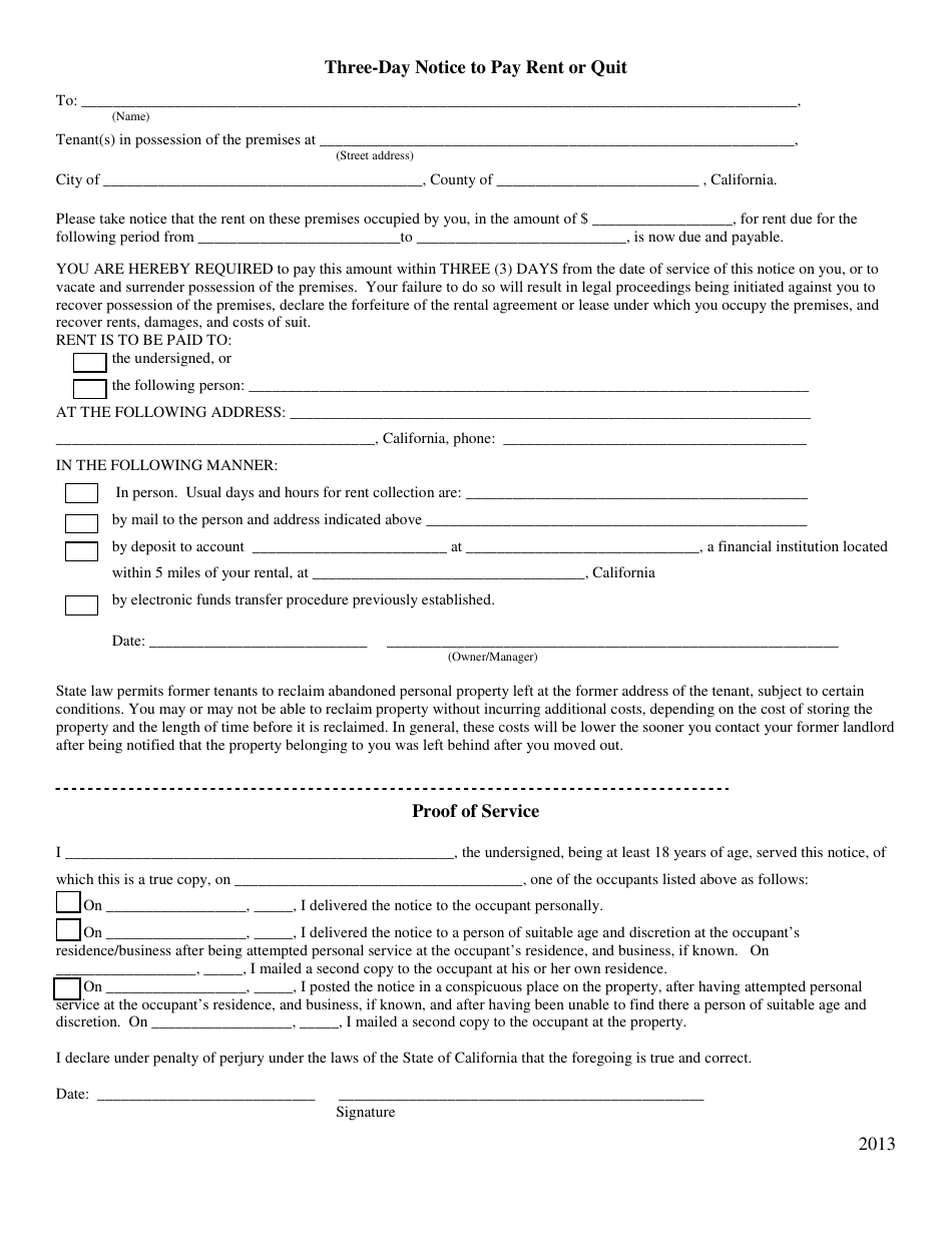 California Three-day Notice To Pay Rent Or Quit Download Fillable Pdf 