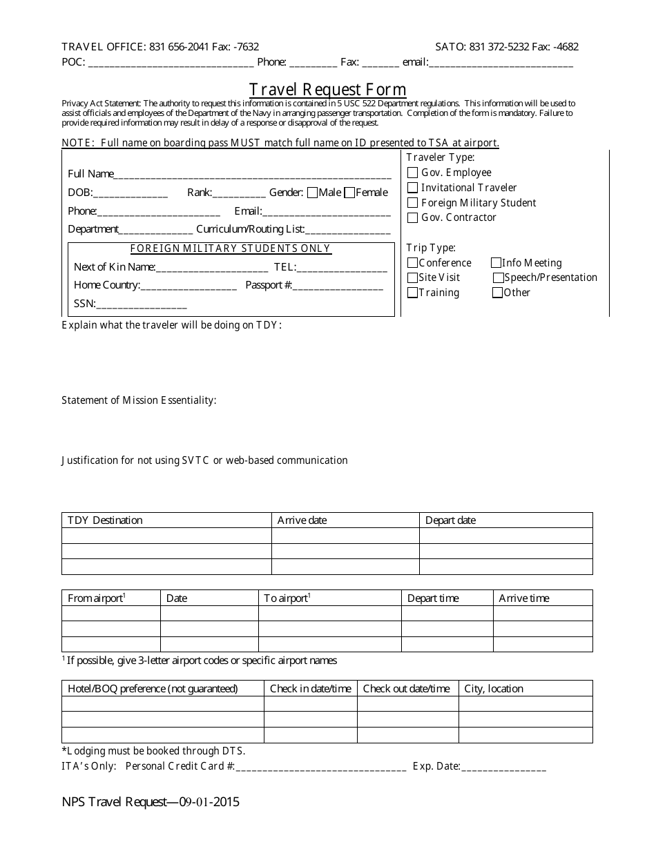 Travel Request Form, Page 1