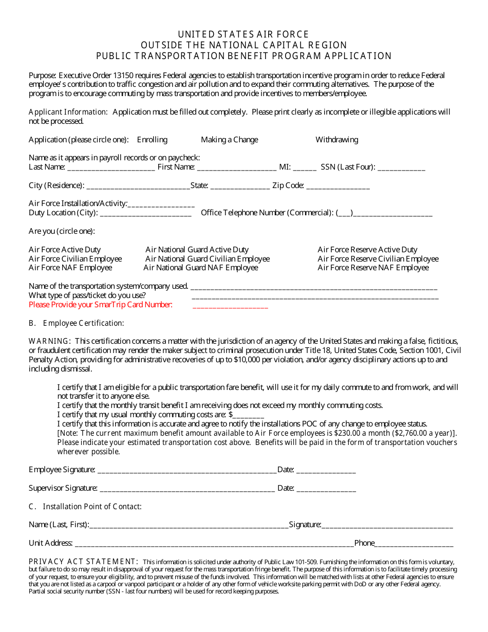 Public Transportation Benefit Program Application - United States Air Force Outside the National Capital Region, Page 1